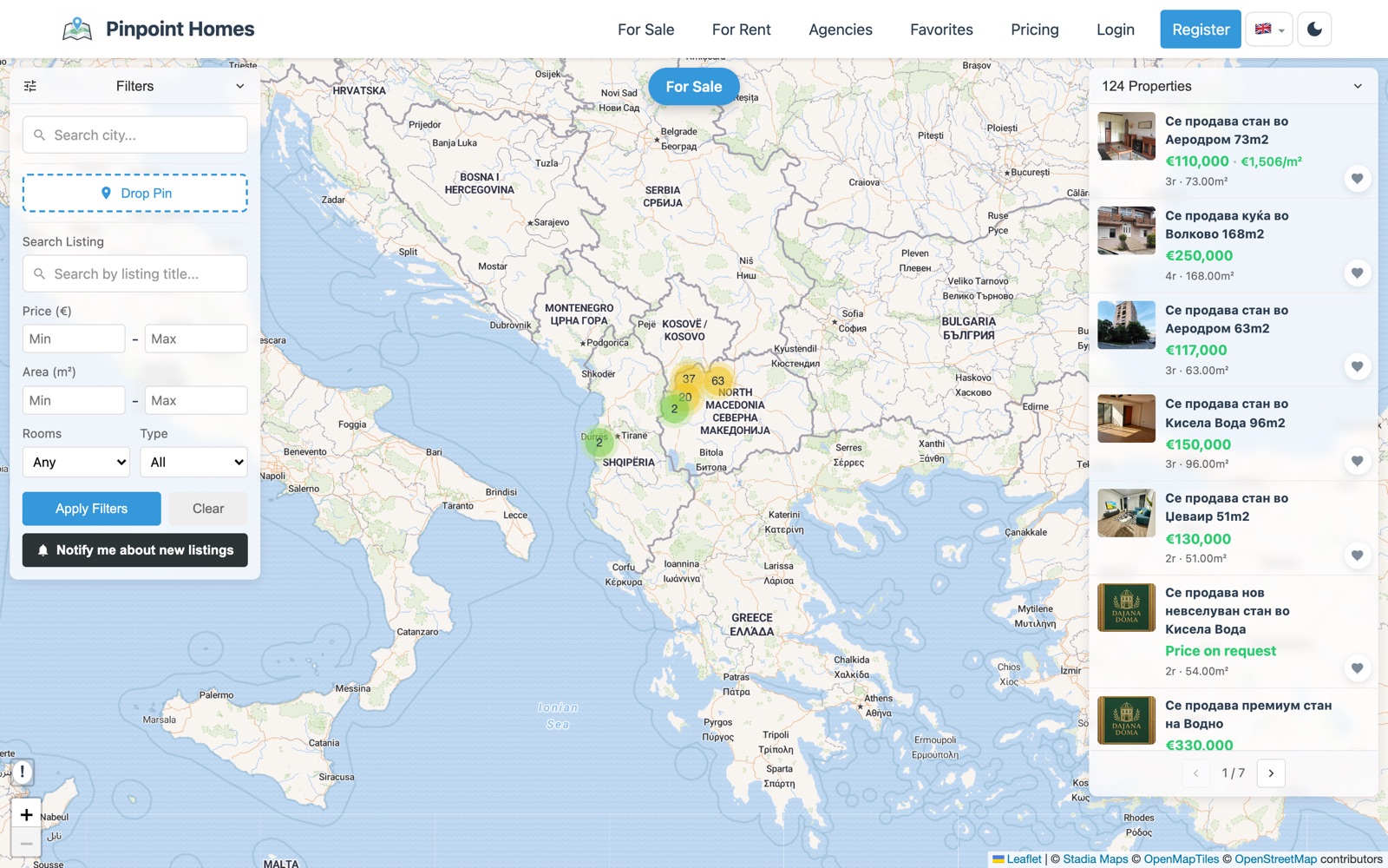 The Pinpoint Homes marketplace, showing its map with clustered listings, filter panel and property results